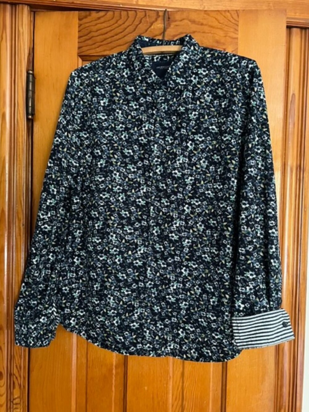 Denim & Flower by Ricky Singh Cotton Navy Floral Pattern Button Up Shirt Men L